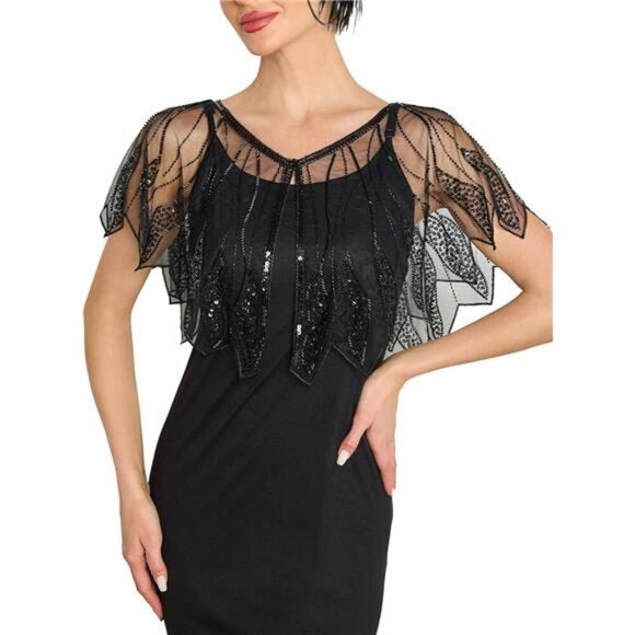 Women's Shawl Wraps, Sequin Beaded Flapper Black - Picture 1 of 7